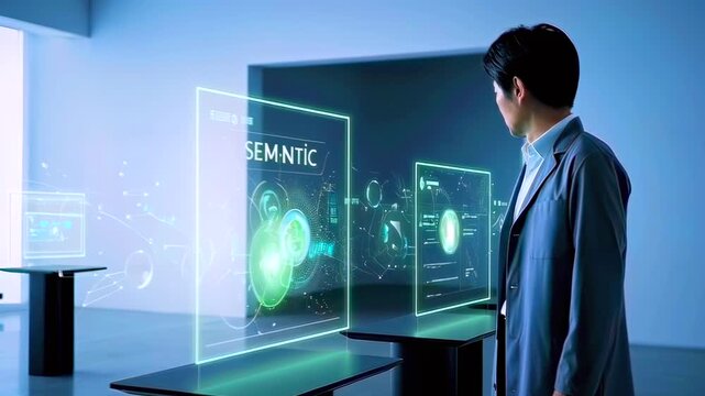 Scientist focuses intently on holographic interface with global visuals, Research professional examines three dimensional semantic visualization with detailed data insights and calming illumination