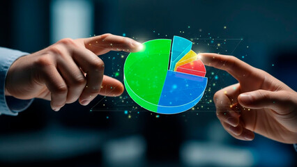 A person interacts with a colorful pie chart in a modern office setting