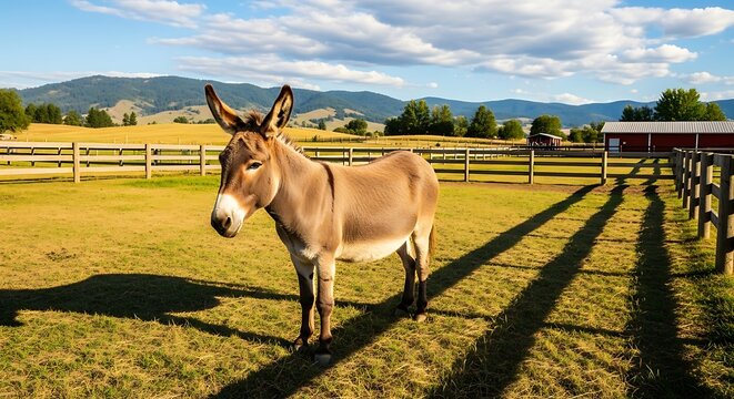 Donkey standing in a field with long shadows and a fence.
