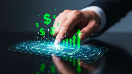A hand in a business suit interacting with a digital profit graph on a tablet screen with glowing green graphics.