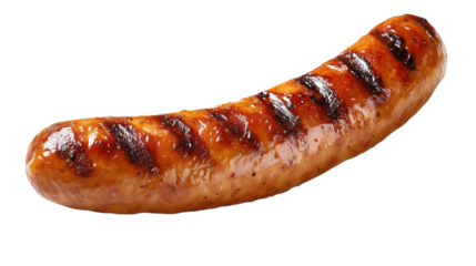 Juicy grilled pork sausage with char marks isolated for barbecue menu and hot dog advertising.

