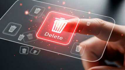 A hand pressing a glowing delete button on a digital screen with trash icons