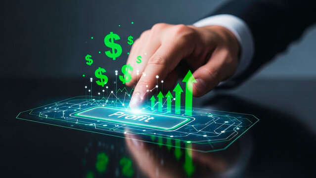 A hand in a business suit interacting with a digital profit graph on a tablet screen with glowing green graphics. - Powered by Adobe