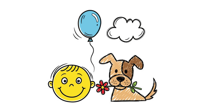 Cartoon Dog and Smiling Face with Balloon.