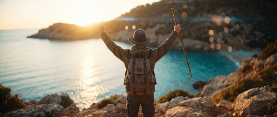 A hiker celebrates at sunset on a rocky ledge, arms raised in triumph over a beautiful coastline. Perfect for inspirational posters and travel ads.