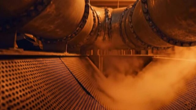 Pipeline inspection scene, Technician checks valve with tablet, Industrial pipeline technician carefully inspects valve using digital tools amidst steam and safety measures in factory setting