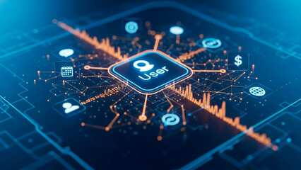 A futuristic digital illustration of a user interface with various icons and graphs on a dark blue background