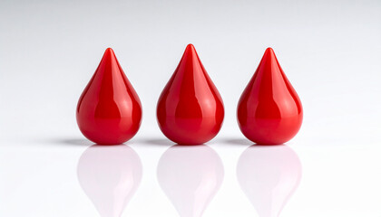 Three glossy red blood drop icons on white background, 3D render with reflection