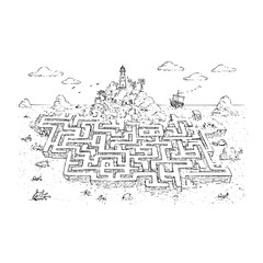 Fototapeta premium Black and White Castle Maze with Ship and Clouds