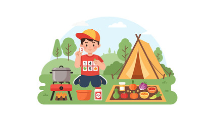 Fototapeta premium Adventures In The Great Outdoors Cartoon Camping Illustration With Kids Activities