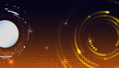 Abstract futuristic background with glowing circular elements, digital rings, and dotted patterns in orange and gold tones, symbolizing technology, data processing, innovation, and modern interfaces.