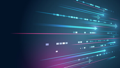 A futuristic digital background with glowing horizontal arrows, lines and data flows in blue and purple tones, symbolizing speed, data transfer, technological progress and information flow.