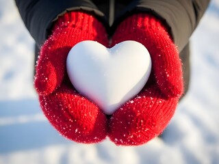 Fototapeta premium Hands in red mittens holding a white heart in the snow