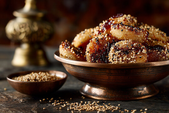 Brass bowl filled with revdi sweets in macro food photography style.