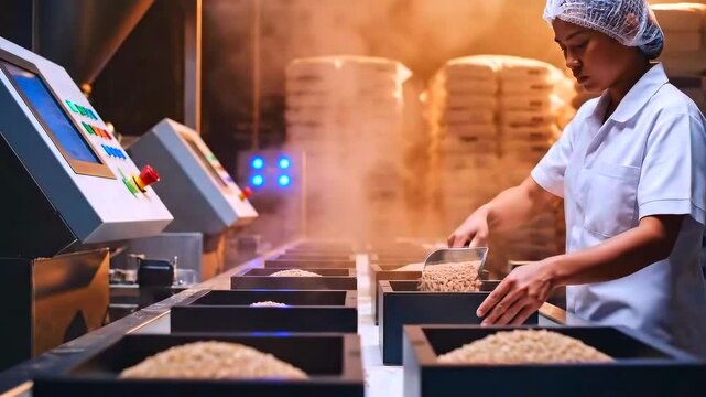 Factory worker packaging grains on conveyor, steam rising, white uniform and hairnet, automated scales and boxes, stacks of sacks, quality check motion, industrial amber lighting, efficient production