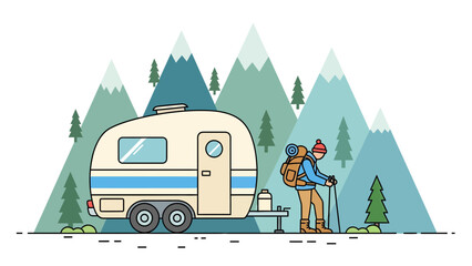 Obraz premium Adventurous Camper Exploring Nature With Retro Travel Trailer In Mountain Landscape
