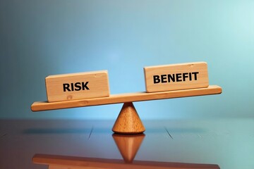 Perfectly balancing risk and benefit on a seesaw: wooden blocks against a shiny backdrop