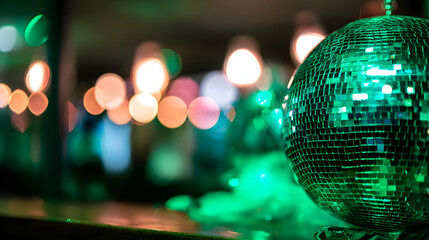 Disco ball shines at party with lights and colors creating a lively atmosphere for guests to enjoy music and dance together at night