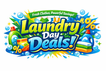 Laundry Day Deals. Modern holiday banner with short greeting slogan, vibrant laundry day sale banner promoting fresh clothes and