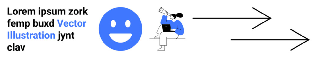 Fototapeta premium Collaboration, vision, communication, goal direction, teamwork, digital strategy. Blue happy face, person with laptop arrows pointing forward. Collaboration and vision concept