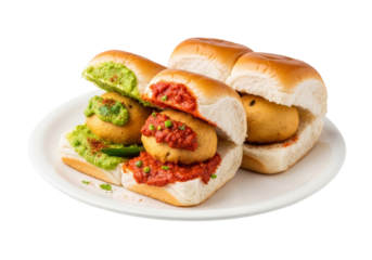 mini chutney sliders on white plate with green and red sauces