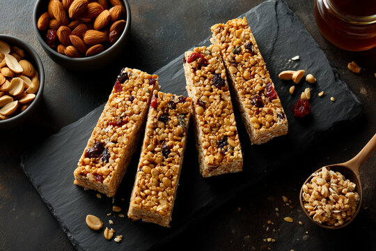 Top-view minimal food shot of peanut chikki bars on slate board.
