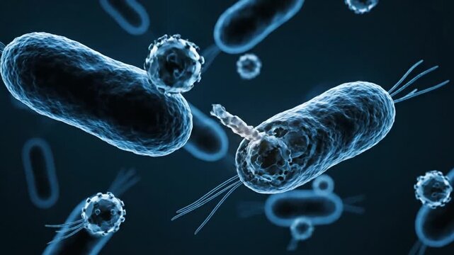 Close Up Of Blue Bacteria Cells Microscopic View Microbe World Scientific Medical Background