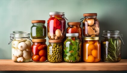 glass jars filled with pickled herbs spices and vegetables ingredients on wooden kitchen shelf