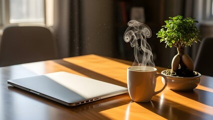 Work Life Balance Concept with Laptop Bonsai Tree and Herbal Tea