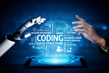 A robotic hand and a human hand reach towards each other amid digital coding concepts, emphasizing collaboration in technology and innovation in software development. Tessel