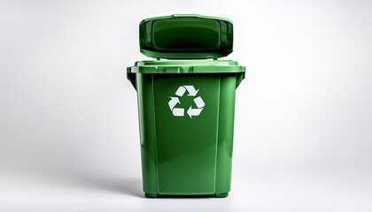 isolated green recycling bin is standing and has its hinged lid open for discarding waste