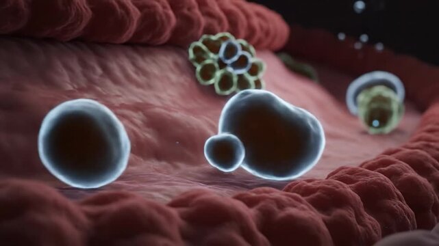 Close up view of red blood cells and pathogens flowing through a capillary with microscopic detail and scientific