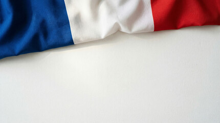 Close-up of the French flag gracefully laid on a white surface, highlighting its vibrant blue, white, and red colors. Ideal for patriotic designs or backgrounds.