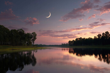 Fototapeta premium Dreamlike lake at dusk with oversized glowing crescent moon.