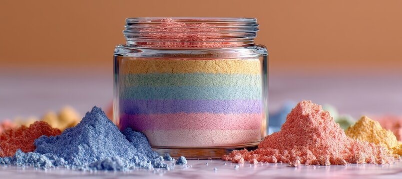 Layered pigment jar with loose powder pinch on pale gradient background