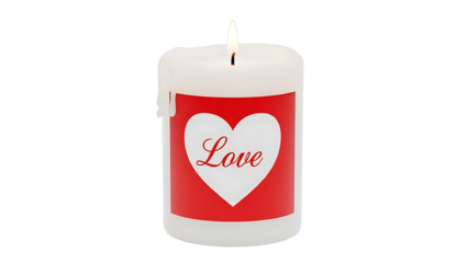 Scented white pillar candle featuring a red heart and Love inscription for romantic occasions, isolated subject, transparency, clean cut-out.