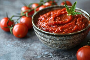 Fresh tomato sauce seasoned with basil in a rustic bowl, surrounded by ripe tomatoes on the vine