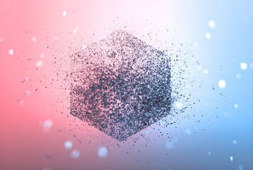 A shimmering hexagonal shape composed of countless tiny particles, dissolving or forming against a vibrant pink and blue gradient background with bokeh lights.