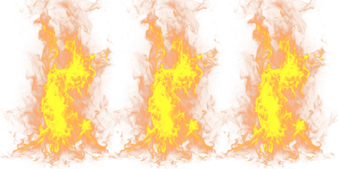 A vibrant and dramatic illustration of three identical flames burning brightly on a black background on transparent background
