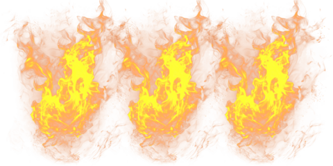 A vibrant and dramatic illustration of three identical flames burning brightly on a transparent background