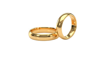 Two elegant gold wedding bands in perspective view for bridal concepts, background removal with PNG with alpha channel for seamless integration.