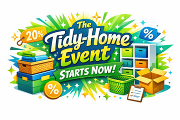 The Tidy-Home Event. Modern holiday banner with short greeting slogan, vibrant tidy-home sale banner promoting organized spaces