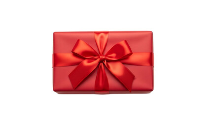 Top view of a vibrant red gift box wrapped with a matching satin ribbon and bow, cut-out and isolated subject for holiday promotions and surprises.