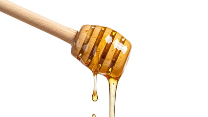 Wooden honey dipper with dripping honey cut out on PNG, isolated on white background, AI generated
