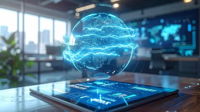 Global Business Intelligence and Data Analysis on Futuristic Tablet.