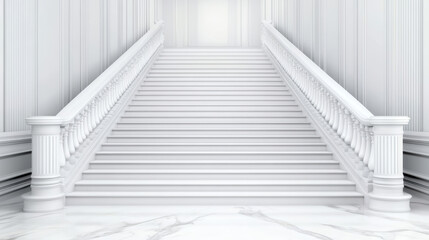 Obraz premium A stunning white staircase adorned with elegant railings, leading upward in a bright, minimalist space, exuding a sense of luxury and sophistication.