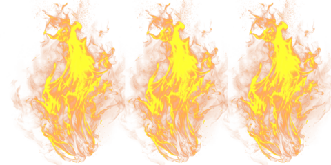 Three vibrant flames burning brightly on a black background on transparent background