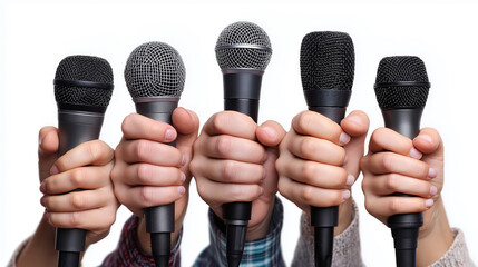 A group of hands tightly gripping various microphones, symbolizing collaboration, communication, and readiness to share voices.