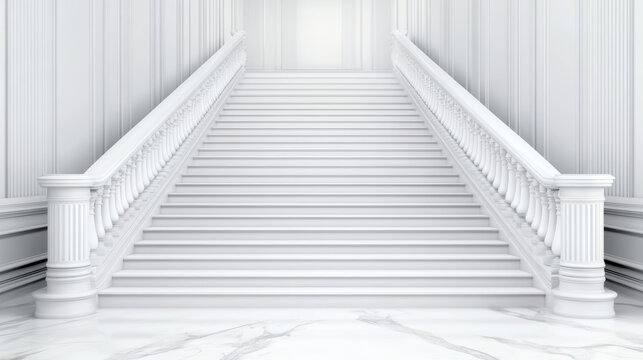 A stunning white staircase adorned with elegant railings, leading upward in a bright, minimalist space, exuding a sense of luxury and sophistication.