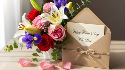 a vibrant mixed flower bouquet paired with a brown envelope containing a "Happy Mother's Day" card high quality JPG file.